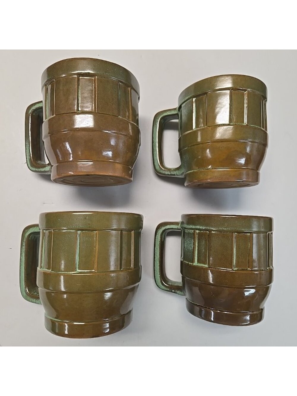 Lot of 4 Vintage Frankoma Pottery Wagon Wheel Mugs Prairie Green and Brown 94M